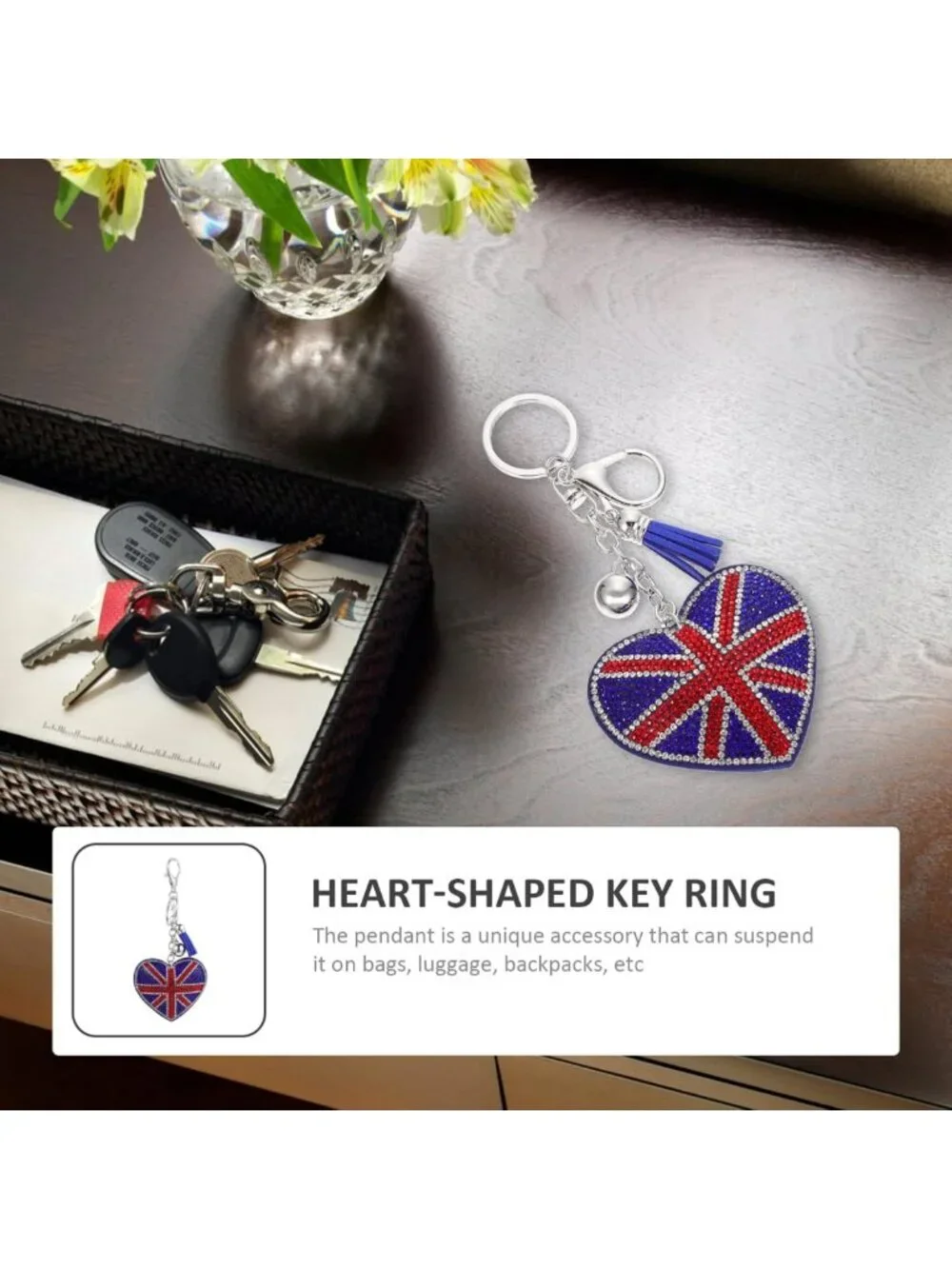 Heart-Shaped Union Jack Rhinestone Keychain Set of 2 | British Flag Bag Charm